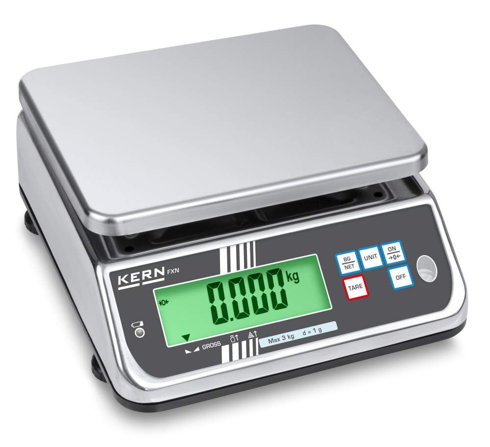 Table Scales [Kern FXN 30K-3N] Robust, Space-Saving Bench Scale, Protected by Stainless Steel and Protection Class IP68, Weighing Range [Max]:30 kg, Weighing Plate: W 236 x D 195 mm (Stainless Steel)