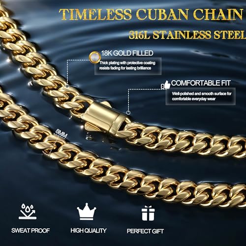 Gold Cuban Link Chain for Men Mens Stainless Steel Miami Curb Chains Necklace 5/8mm Thick Real Gold/Silver/Black Plated Diamond Cut Non-Tarnish Jewelry18-26 Inch2