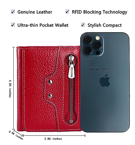 AINIMOER Small Leather Wallet for Women, Slim Compact Credit Card Holder RFID Blocking Wallets Organizer with Coin Pocket, Lichee Wine4