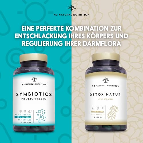 Darmkur für Darmflora Aufbau. Darmreinigungskur 40 Milliarden Darmbakterien für Darmsanierung und Verdauung. Nahrungsergänzungsmittel. 30 pflanzliche Kapseln. N2 Natural Nutrition