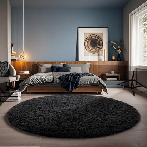 Ophanie Round Rug 5Ft Black Circle Area Rug Room Decor for Men Fluffy Fuzzy Bedroom Carpet Plush Soft Shaggy Living Room Rugs for Kids Home Aesthetic Nursery with Over 99 pcs Pile fibers