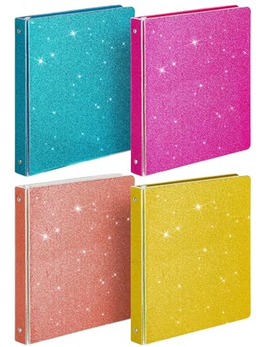 4 Pieces 3 Ring Binder Glitter 1 Inch Binder Organizer Cute Binders Office Accessories Round Ring Binders for School Office, 11.61 x 10.24 x 1.38 Inches