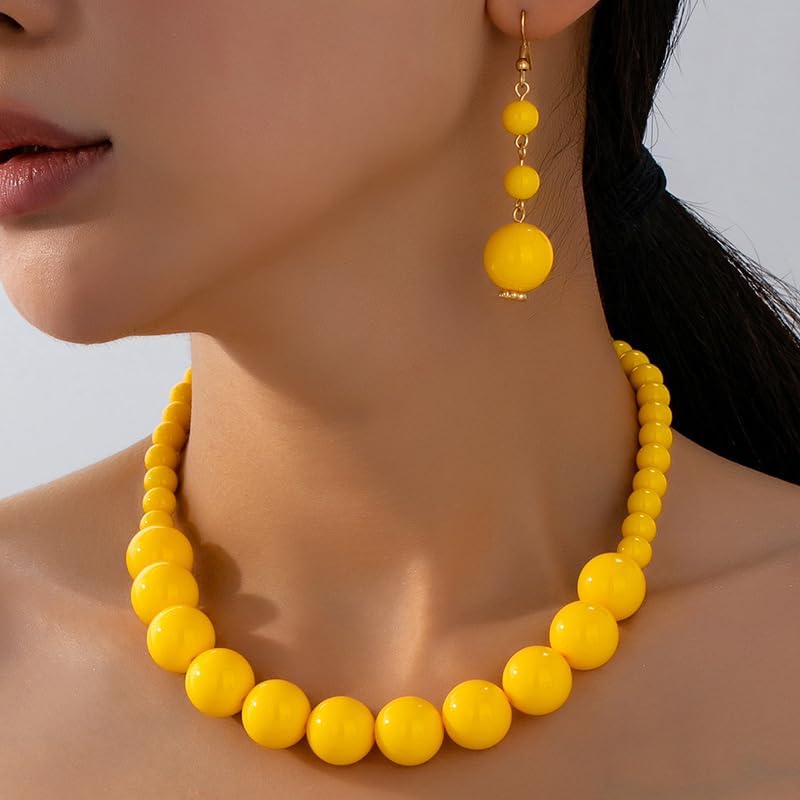 Colorful Beaded Necklace Earrings Set for Women Retro Chunky Big Round Bead Resin Choker Necklace Dainty Acrylic Multicolor Beads Pendant Earrings Fashion Festival Party Jewelry Accessories for Women - Image 2