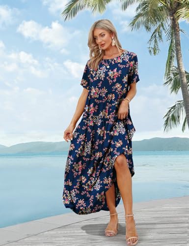 Image of YESNO Women Casual Loose Bohemian Floral Dress with Pockets Short Sleeve Long Maxi Summer Beach Swing Dress EJF