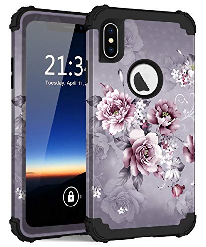 Hocase for iPhone Xs Max Case, Heavy Duty Shockproof Protection Soft Silicone Rubber Bumper + Hard Plastic Hybrid Protective Case for iPhone Xs Max (6.5-inch Display) 2018 - Light Purple Flowers