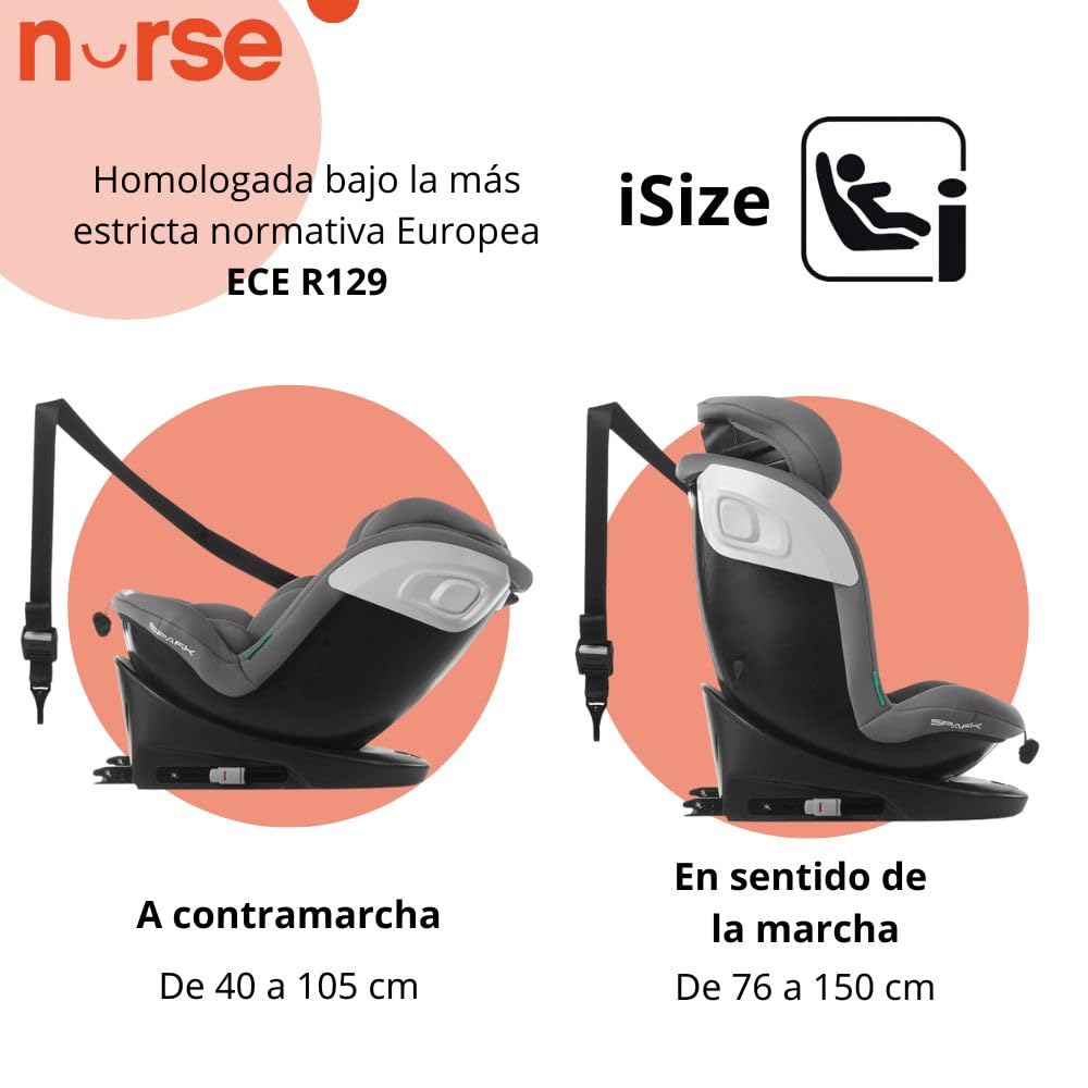 Nurse Spark, Silla Coche Bebé iSize, 40 a 150 cm, de 0 a 12 Años, Isofix, Top Tether, Giratoria 360, Posición de Carga, 13 Posiciones, Color Gris Storm, Spark i-Size