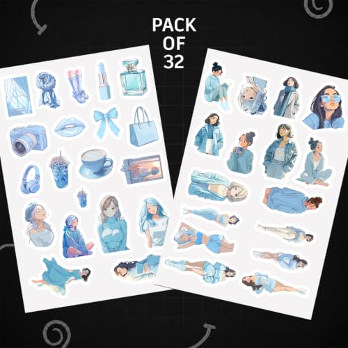 Image of Blue Aesthetic Kawaii Girl Vinyl Stickers Pack of 35 | Waterproof Sky Blue & Pastel Cute Fashion Decals for Laptop, Water Bottle, Journal, Scrapbook, Phone Case | Self-Adhesive Sticker Pack