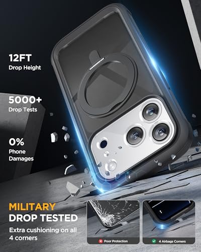 Image of Miracase for iPhone 17 Pro Case with 360 Spin Magnetic Stand, Full-Body Phone Case with Built-in Glass Screen Protector & Camera Control, Drop Proof iPhone 17 Pro Cover, Black