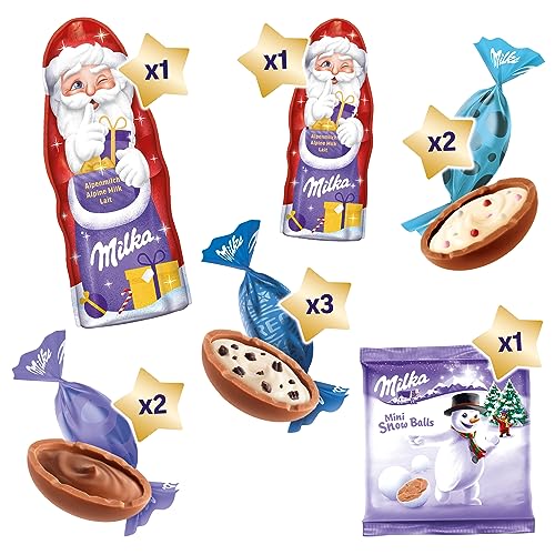 Milka Weihnachtsmischung – Bunter Mix aus Alpenmilch-Schokolade mit Weihnachtsfiguren, Bonbons und Mini Snow Balls – 224g