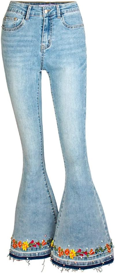 Floral Embroidery Jeans Ladies Flare Pants