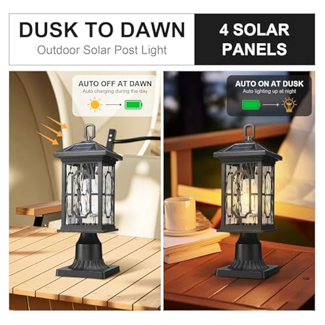 Solar Lamp Post Lights with Pire Mount Base, Dusk to Dawn Outdoor Solar Light Fixture,Waterproof Solar Post Lantern with Remote Control & 2700k Bulb, Lamp Posts Lighting for Outside