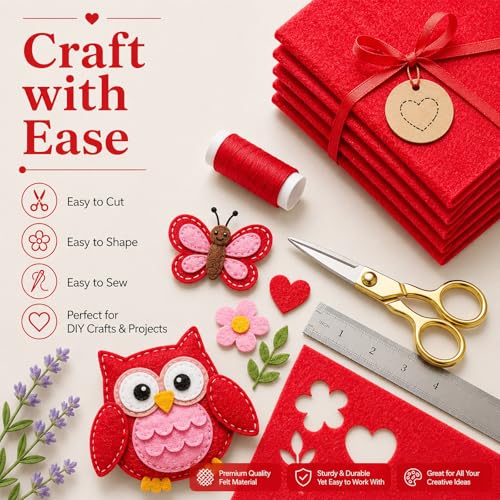 Image of Red Large Felt Fabric 36 inch x 36 inch (1 Square Yard), 1mm Stiff Felt Sheet, Nonwoven Fabric for Crafts, DIY Projects, Art, Sewing, Lining & Decorations