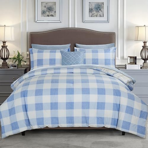 Image of Elegant Comfort 8-Piece Lodge Plaid Reversible Comforter Set - All Season Bed in a Bag, 4-Piece Sheet Set Featuring Smart Pockets, Matching Shams and Decorative Pillow, Full /Queen, Aqua
