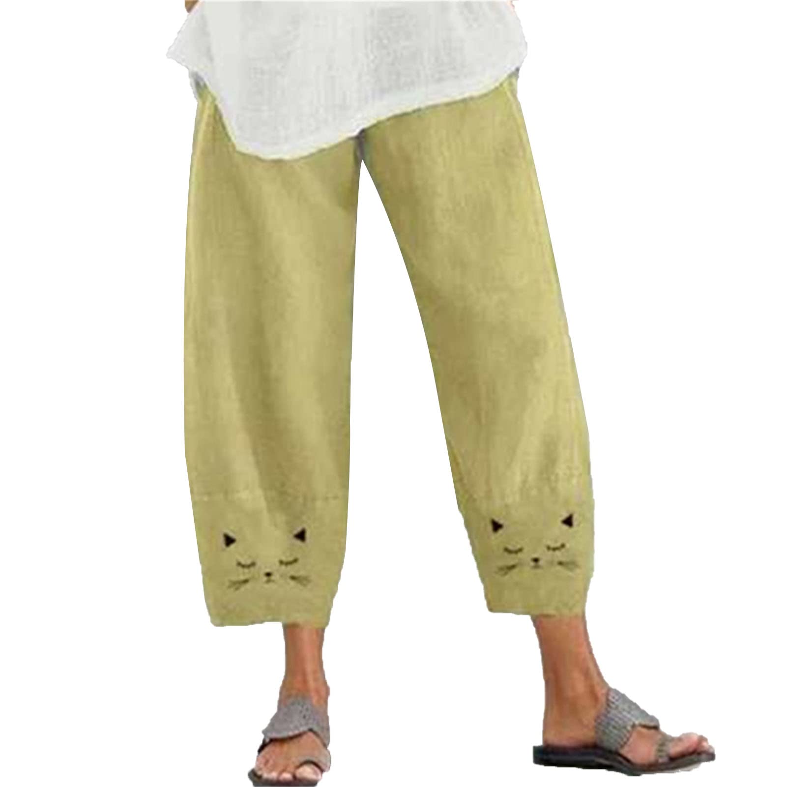 Maiyifu-GJ Womens Cotton Linen Slim Pants Summer Beach Casual Baggy Pant Elastic Waist Lightweight Wide Leg Trousers