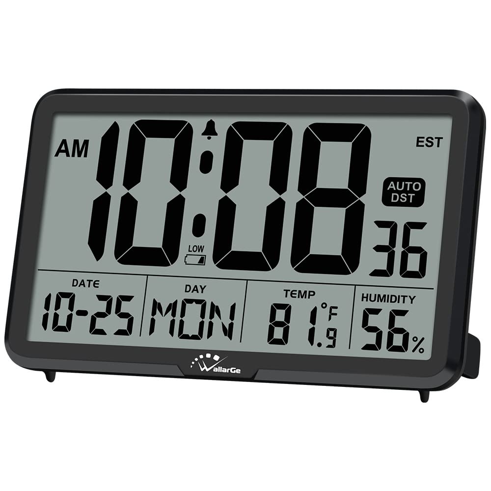 WallarGe Auto Set Digital Wall Clock Battery Operated Desk Clocks with Temperature Humidity and Date Large Display Digital