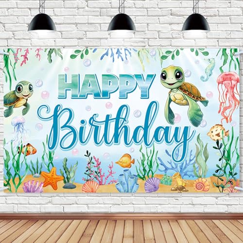 SMENGGIL Sea Turtle Happy Birthday Banner Backdrop Photography Background Hanging Birthday Party Decorations Supplies for Marine Animals Ocean Theme Underwater Pool Beach Themed Decor 70.8 * 43.3in