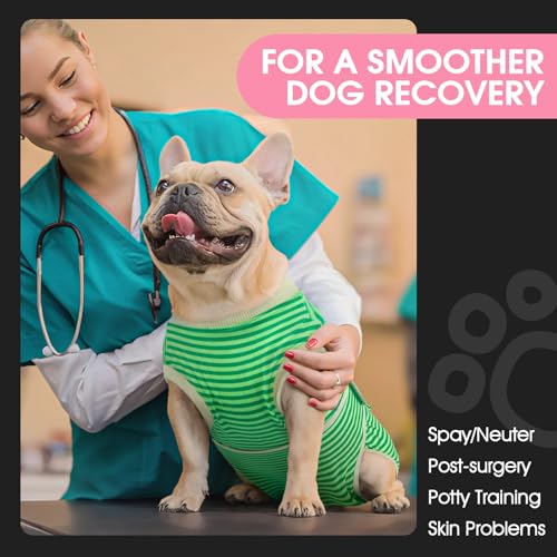 Image of FUAMEY Dog Recovery Suit Male,Dogs Surgery Neuter Suits Puppy Spay Shirts for Female Protect Dog's Skin Anti Licking Abdominal Wounds Doggie Onesie Pet Bodysuit Alternative to Cone Green Stripes XS