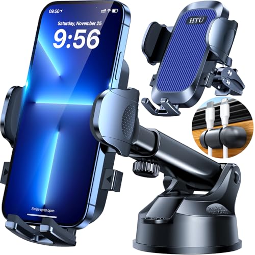HTU [True Military-Grade] 2025 Upgraded Car Phone Holder Safety Certs & No Smell Cell Phone Holder for Car Mount for Dashboard Windshield Air Vent Long Arm Thick Case,Sapphire Blue