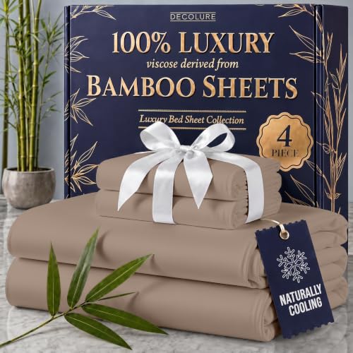 Image of DECOLURE 100% Viscose Derived from Bamboo Sheets Full Size - Luxury 4 Pc Naturally Cooling Sheets, Ultra Soft Bed Set - Deep 17 inch Pockets, Durable Double Stitching, Oeko Tex Standard (Taupe)
