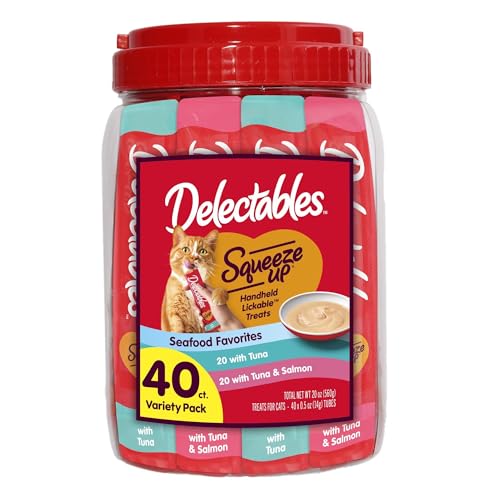 Delectables Squeeze Up Seafood Variety Pack Creamy Squeezable Puree Lickable Wet Cat Treats Grain-Free No Added Fillers 0.5 Ounces Tube 40 Tubes Total