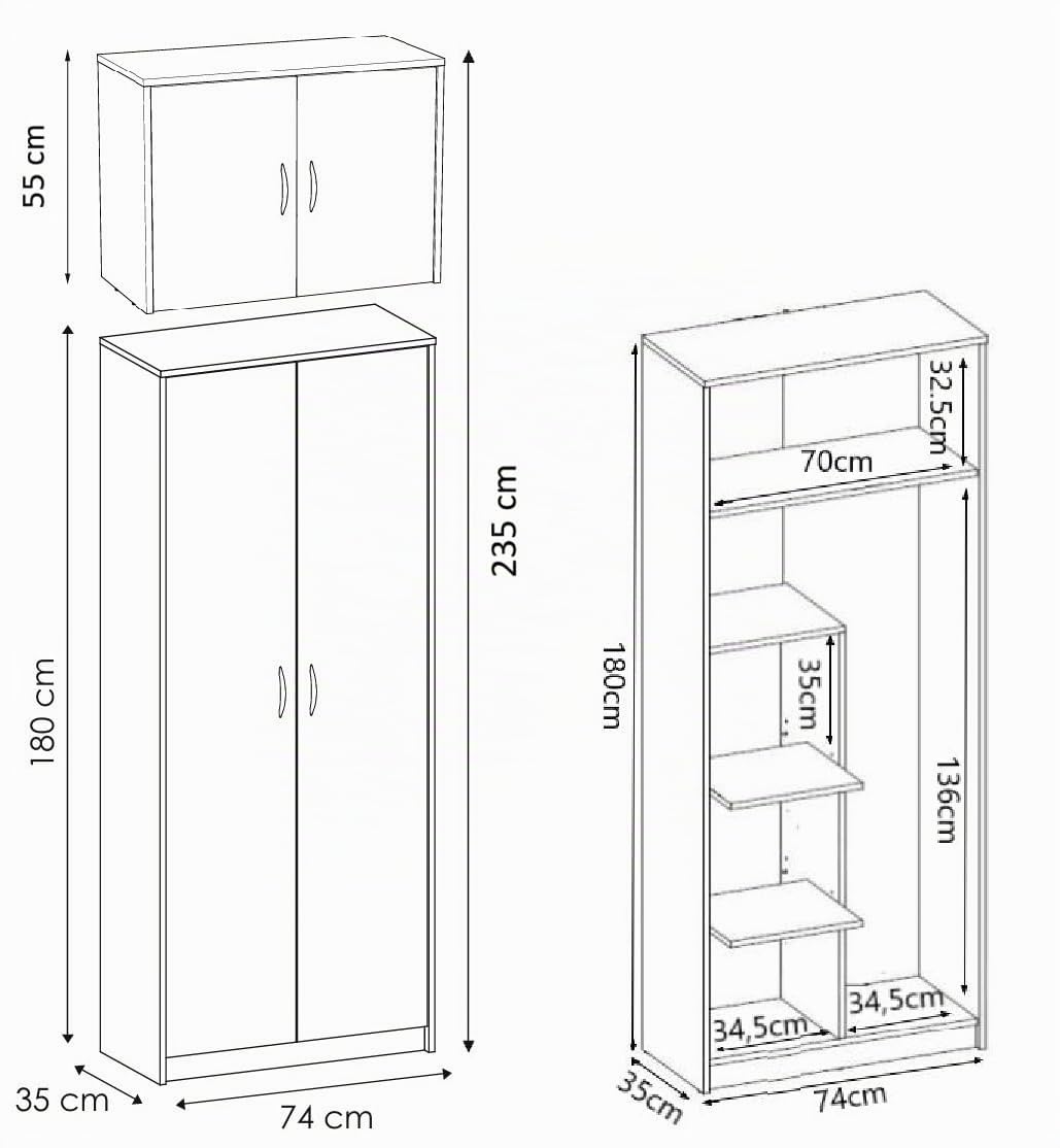 Mobile alto multiuso per scopa, pratico armadietto per aspirapolvere, 235 x 74 x 35 cm (Bianco)
