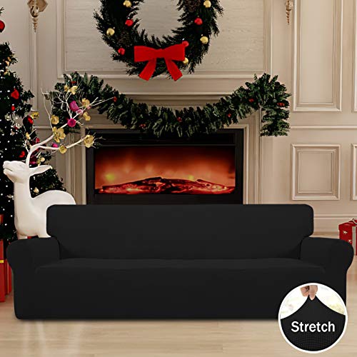 Image of Easy-Going Stretch 4 Seater Sofa Slipcover 1-Piece Sofa Cover Furniture Protector Couch Soft with Elastic Bottom for Kids, Polyester Spandex Jacquard Fabric Small Checks Black