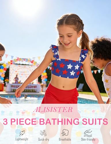 Image of ALISISTER Girls Swimsuit 3 Piece Bathing Suits Summer Bikini Tankini Sets with Cover Up Skirt for 4-12 Years