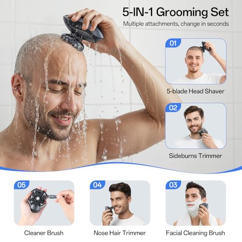 Image of Electric Razor for Men, Head & Body Hair Shaver for Men, Cordless Rechargeable Wet /Dry Bald Head & Groin Waterproof Razor with Rotary Blades,Clippers, Beard Trimmer,Nose Trimmer, Brush (Gray)