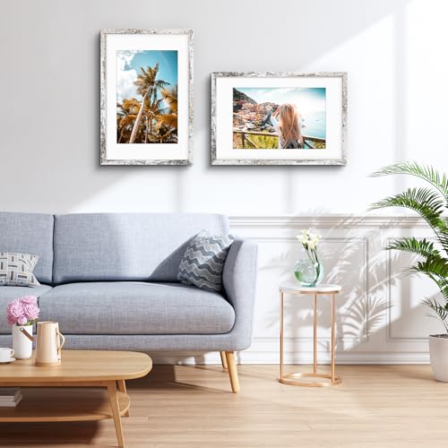 Image of Frametory, 16x24 Picture Frame with Mat for 12x18 Picture- - High Definition Glass Wide Molding - Preinstalled Wall Mounting Hardware (Distressed White, 2 Pack)