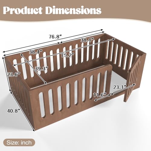 Image of Bellemave Twin Montessori Floor Bed Frame,Brown | Solid wood kids montessori floor bed with high safety fence & door, low to ground design for girls and boys