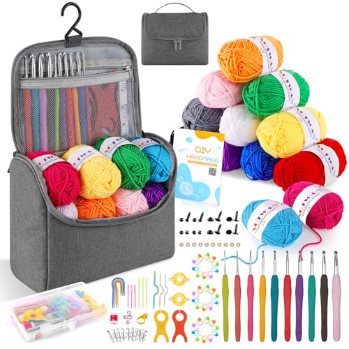 AOTWAN Crochet Kits for Beginners Adults Crochet Hooks Set 12Pcsx25g Crochet Yarns Include Ergonomic Metal Crochet Hooks 2-6.5mm Knitting Kit Accessories Tools Storage Case Crochet Starter Kit-Grey