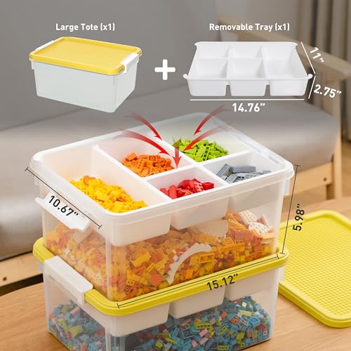 Image of Citylife 17 QT Plastic Storage Box with Building Baseplate Lid and Removable Tray Craft Organizers and Storage Clear Storage Container for Organizing Bead, Tool, Sewing, Yellow-2 Packs