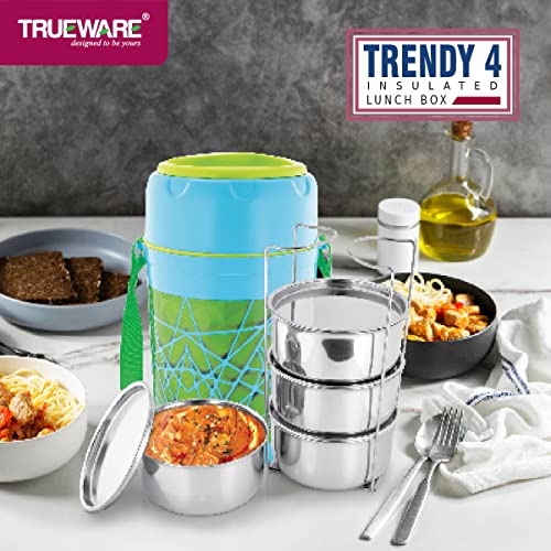 Image of Trueware Trendy 4 Inner Steel Outer Plastic thermoware Lunch Box | 4 Container 300 ML Each-Green | PU Insulated | Lunch Box | Tiffin | Hot lunch box | Leak Proof | Easy to Carry | Hot & Cold Food Grade| BPA Free | Stainless Steel Dabbi | Office | Outdoors | For Men, Women, and Kids