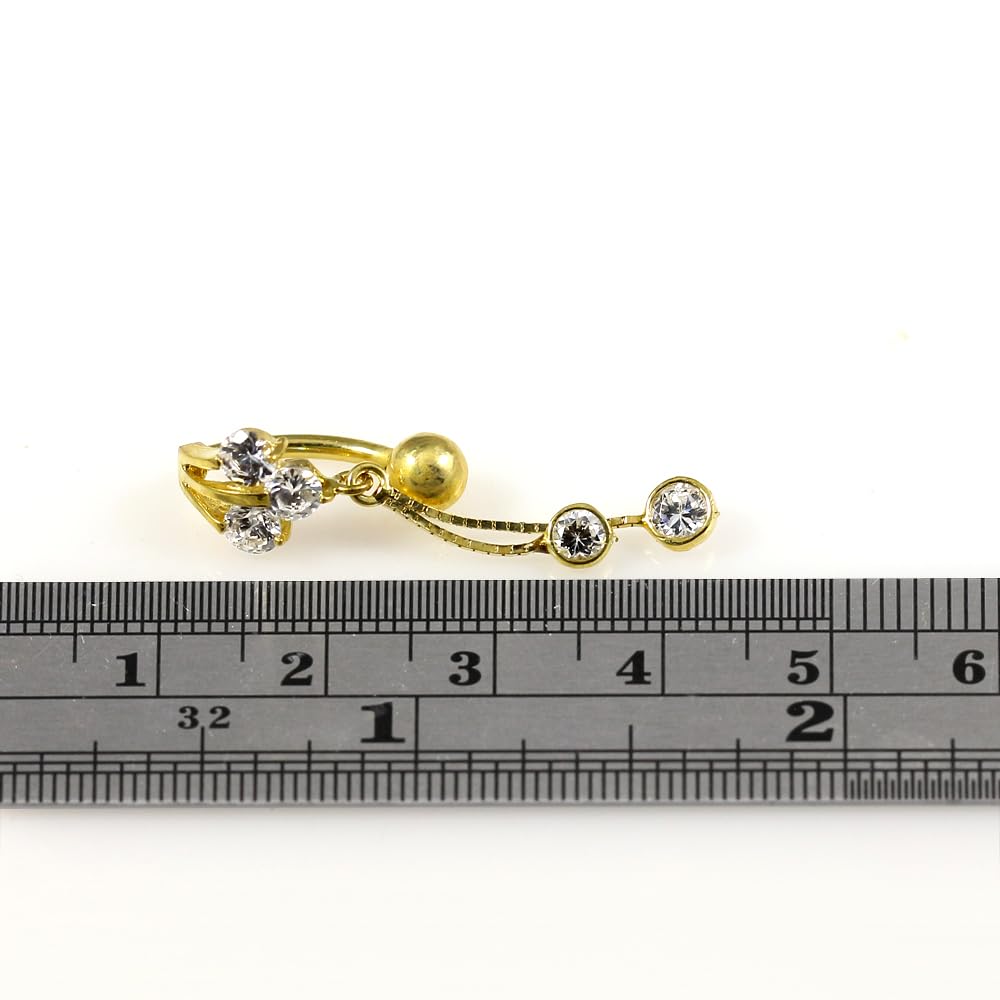Piercing para el ombligo de oro amarillo macizo de 14 quilates con forma de aleta con doble colgante redondo en caja de cadena, joyería para ombligo de 14 quilates, calibre 14, 14 Gauge