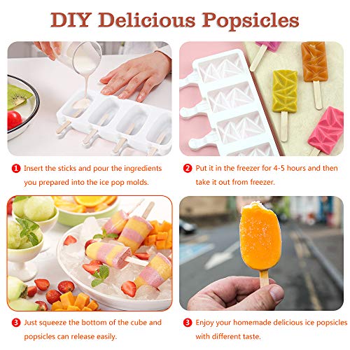 Popsicle Molds Set of 2, TIPFLY Ice Cream Mould Silicone 4 Cavities, Upgraded Ice Pop Molds Homemade 2 Pack for DIY Popsicle, Cake Pop Mold with 50 Wooden Sticks