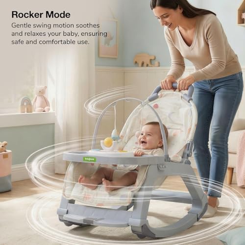 Image of Baybee Baby Rocker & Bouncer Chair for 0-3 Years | Baby Feeding Chair with Push Rocker Mode, Adjustable Canopy, Hanging Toys, 360 Wheels & 3-Point Safety Belt (Beige)