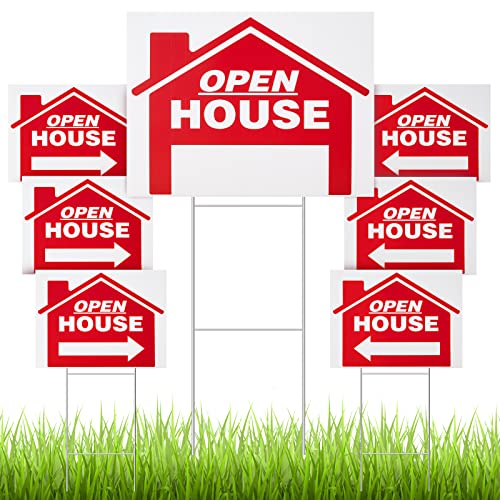 Juexica 7 Pack Open House Sign Directional with Tall Stands 24 x 18 Inch Real Estate Agent Yard for Garden Arrows and Heavy Duty H Wire Stakes(Red)