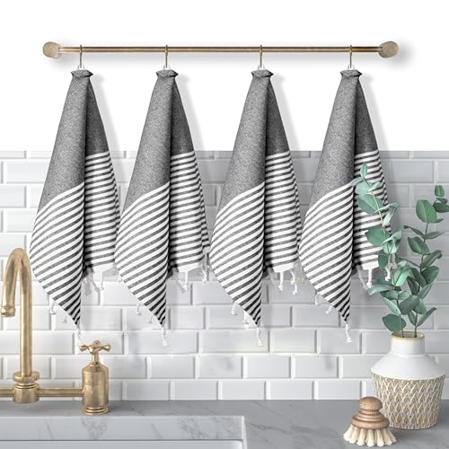 Image of Turkish Kitchen Towels 18x26 Inches with Tassels - 4 Pack - Absorbent, Durable, Soft 100% Cotton Dish Towels for Drying & Cleaning - Machine Washable, Quick Dry - Black