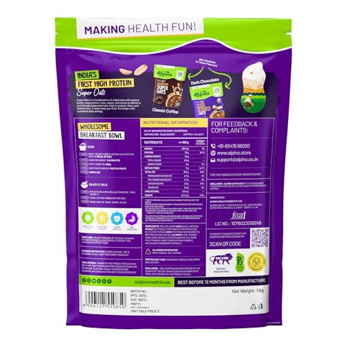 Image of ALPINO 25% High Protein Super Oats Chocolate 2kg (1kg, Pack of 2) - Rolled Oats, Natural Peanut Butter, Cocoa Powder, Nuts & Seeds - 25g Protein, Source of Dietary Fibre & Healthy Fats, No Added Sugar & Salt