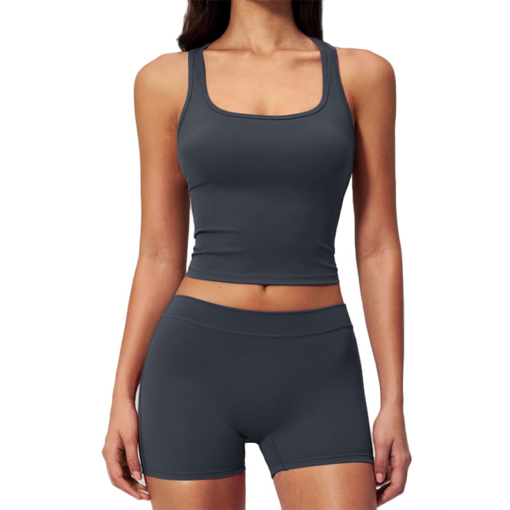 Jpxjgt Women's Grey 2Pcs Workout Set Square Neck Tank Top + Biker Shorts Seamless Quick Dry Yoga Gym Outfit(Size:xl,Color:grey)