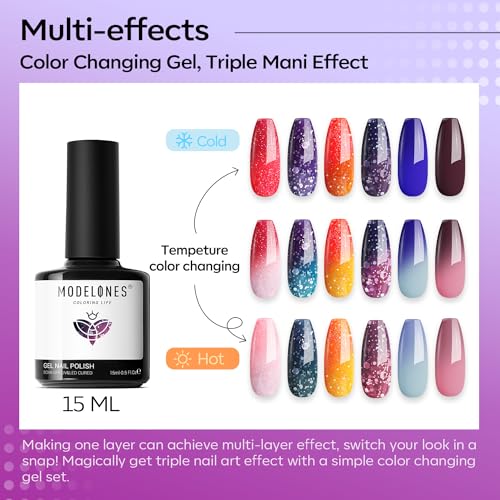 Image of modelones Color Changing Gel Nail Polish,1Pcs 15ml Dark Blue Purple Mood Temperature Change Gel Polish Soak Off DIY Home Winter Nail Art Gift