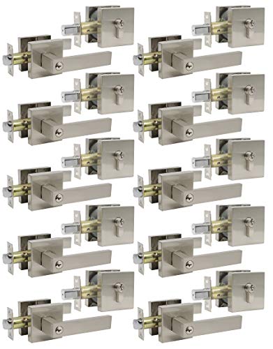 Probrico Square Keyed Entry Levers and Double Cylinder Deadbolts Combo Pack, Satin Nickel Heavy Duty Entrance Locksets for Office Bedroom and Front Door, 10 Pack Keyed Alike(All Same Keys)