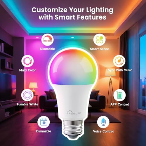 TREATLIFE Smart Light Bulbs 4 Pack, UL Certified 2.4GHz Color Changing Light Bulb, Works with Alexa Google Home, A19 E26 Dimmable LED Light Bulb 9W 800 Lumen for Party Decoration, Smart Home Lighting