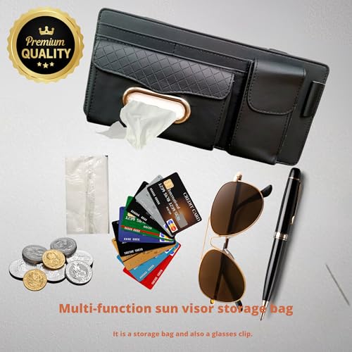 Image of DETACHI Car Sun Visor Organizer with Tissue Paper, Sunglass Pen Card Small Document Storage Pouch & Phone Holder, Leatherette, Multi-Pocket with Zipper Net-(Black, 18X3X37CM)
