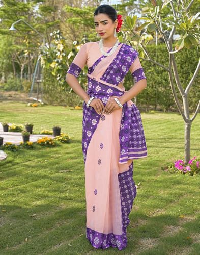 Image of SIRIL Women's Cotton Linen Mekhela Chador Printed Saree with Unstitched Blouse Piece