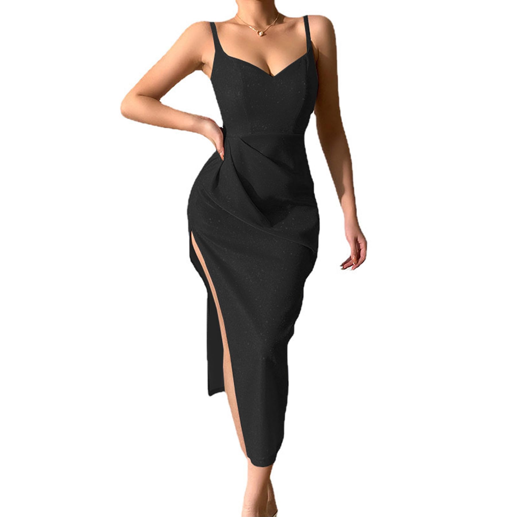 Hanaoops Women's Black Sequin Dress For Sexy Sleeveless Deep V-Neck Bodycon Midi Dress Ruched Side Slit Sparkly Glitter Dresses Party Cocktail Club Cami Dresses