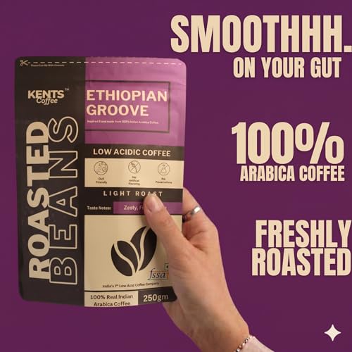 Image of Kents Coffee Ethiopian Groove Light Roast Coffee | Roasted Coffee Beans | LOW ACIDIC | Best 100% Indian Premium Whole Coffee Beans | Taste Like Zesty, Floral, Fruity | Single Estate Chikmangalur Speciality Pouch | Sun-Dried Arabica Bean | Freshly Roasted Beans | 200gm