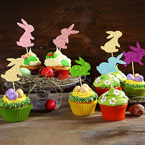 24Pcs Happy Easter Cupcake Toppers Glitter Cute Bunny Cake Decorations Bunny Rabbit Cupcake Picks For Easter Spring Theme Babyshower Kids Birthday Party Supplies #TOP6