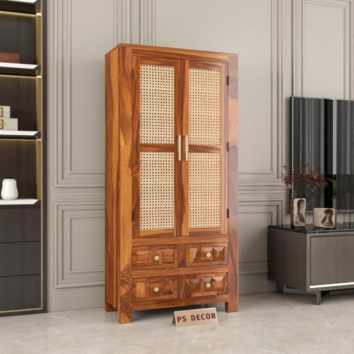 Image of PS DECOR Solid Sheesham Wood Bookshelf Cabinet with Cane Rattan Doors & 4 Drawers | Wooden Book Storage Unit for Home Library, Living Room & Office | Double Door Bookcase Organizer (Honey Finish)