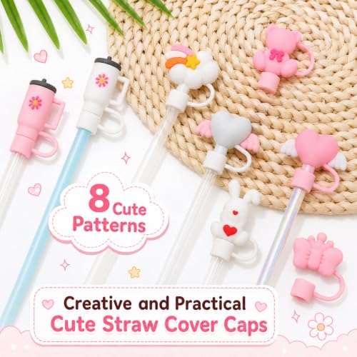 Image of 8 Pcs Straw Cover Caps Compatible with Stanley Tumblers, Reusable Silicone Straw Protectors with Dust-Resistant Covers, Drinking Straw Caps for Compatible Sipper Cups, Pink, Daily Travel & Outdoor Use